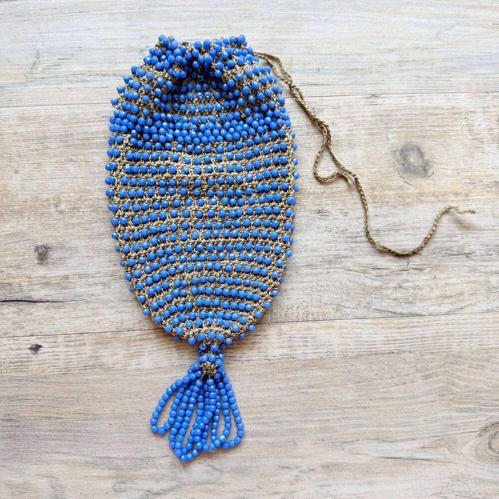 Vintage Blue Beaded Potli Drawstring Evening Bag Tassel Purse Art Deco Cocktail